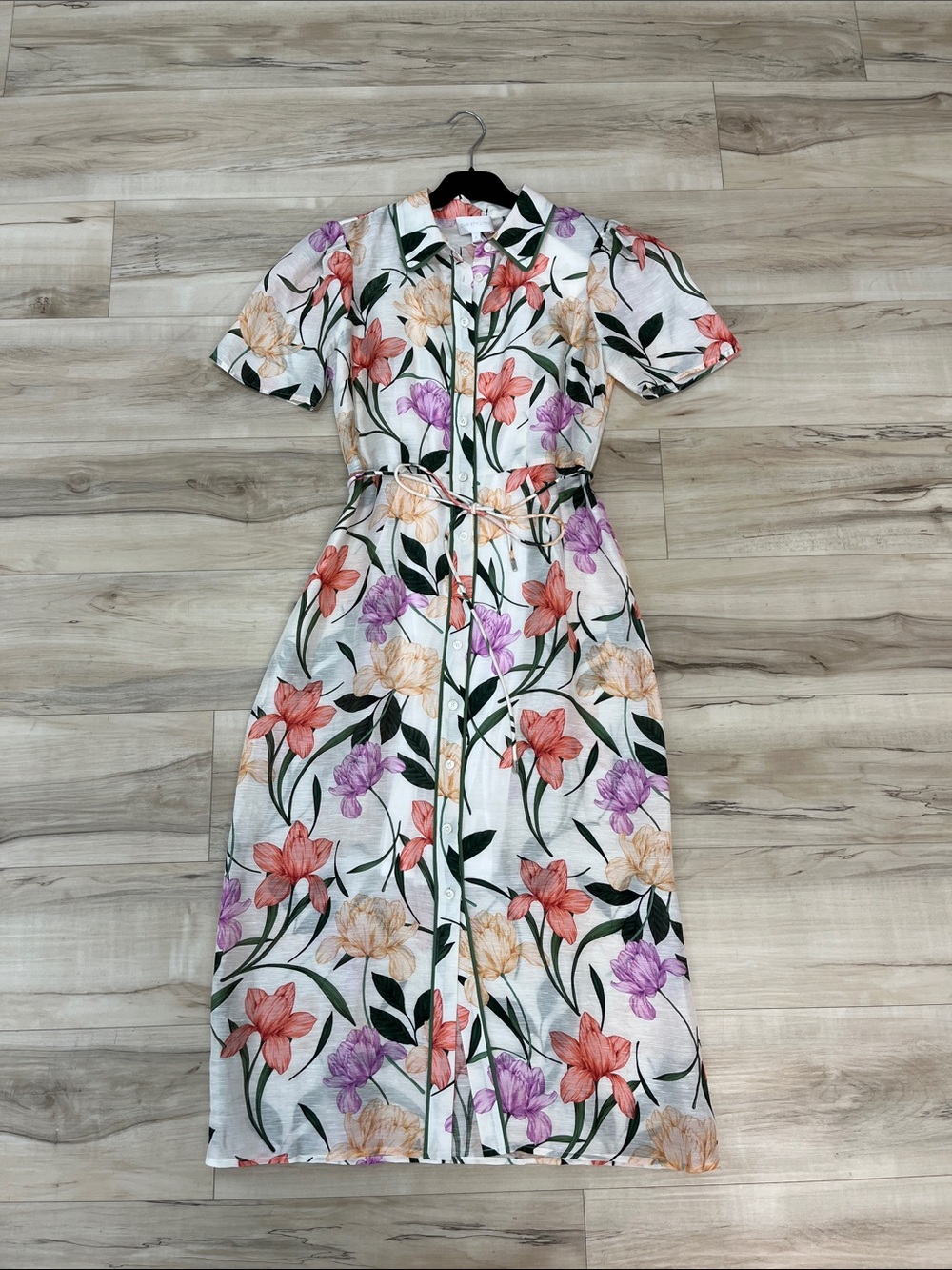 Button-Front Floral Maxi Dress with Belt - White Floral